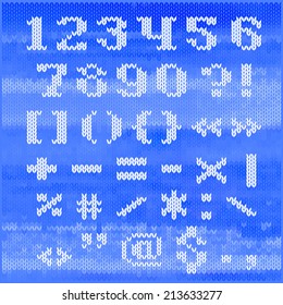 Knitted vector alphabet, white bold serif letters on blue melange background. Part 2 - numbers and punctuation.