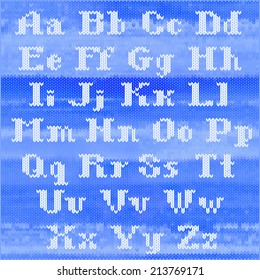 Knitted vector alphabet, white bold serif letters on blue melange background. Part 1 - letters.