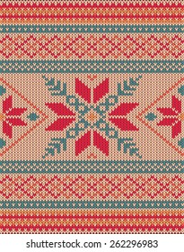 Knitted vector background pattern with wool sweater texture. Retro textile winter fabric fashion design ornament. Retro decoration illustration. beige, red, green, blue colors.