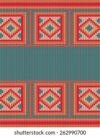 Knitted vector background pattern with wool sweater texture. Retro textile winter fabric fashion design ornament. Retro decoration illustration. Beige, red, green, blue colors.