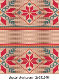 Knitted vector background pattern with wool sweater texture. Retro textile winter fabric fashion design ornament. Retro decoration illustration. Beige, red, green, blue colors.
