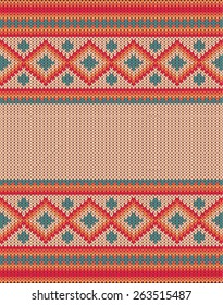 Knitted vector background pattern with wool sweater texture. Retro textile winter fabric fashion design ornament. Retro decoration illustration. Beige, red, green, blue colors.