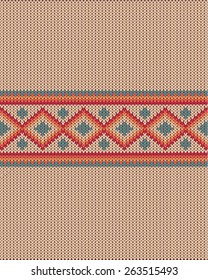 Knitted vector background pattern with wool sweater texture. Retro textile winter fabric fashion design ornament. Retro decoration illustration. Beige, red, green, blue colors.