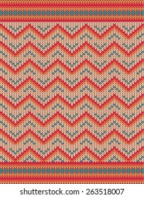 Knitted vector background pattern with wool sweater texture. Retro textile winter fabric fashion design ornament. Retro decoration illustration. Beige, red, green, blue colors.