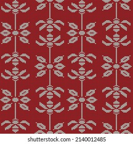 Knitted vector background with wool sweater texture. Retro textile winter fabric fashion design ornament. retro decoration illustration. Red, white colors. Flowers
