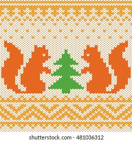 Knitted vector Christmas background, squirrels.