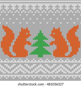 Knitted vector Christmas background, squirrels.