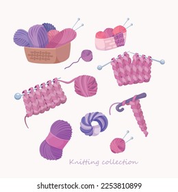 Knitted vector collection on a light background. Hobby, handmade. Knitting, yarn, knitting needles.