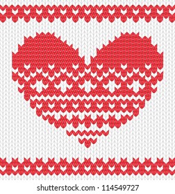 Knitted vector heart on seamless background. EPS 10 vector illustration.