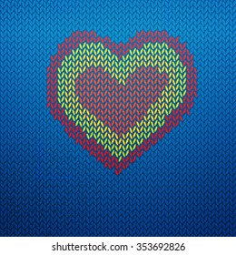 Knitted vector illustrated icon with heart shape. Pop-art design. Hero logo for winter background. With love emblem.