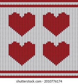 Knitted Vector Pattern With Red Heart. Christmas Concept for Banner, Placard, Billboard or Web Site. New Year Retro Greeting Card and Background. Image for Invitation