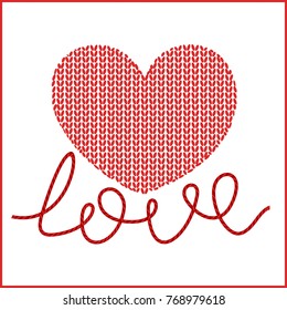 Knitted vector pattern with red heart for Valentines day design. love.
