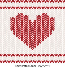 Knitted vector pattern with red heart. Christmas concept for banner, placard, billboard or web site. New Year retro greeting card and background. Image for invitation