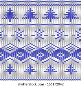 Knitted Vector Seamless Ornamental Pattern with Snowflakes and Trees. Winter Background.