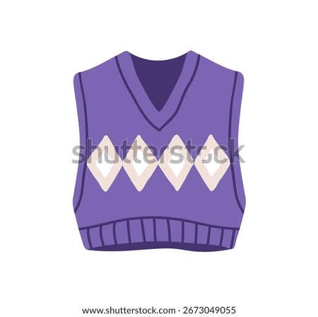 Knitted vest with diamond pattern. Sleeveless woolen sweater with V-neck. Cozy warm knitwear for autumn, fall and winter. Casual fashion clothing. Flat vector illustration isolated on white background