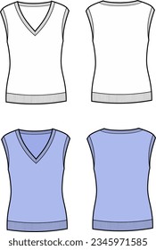 Knitted vest flat sketch. Waistcoat apparel design. Front and back. Women CAD mockup. Fashion technical drawing template. Vector illustration.