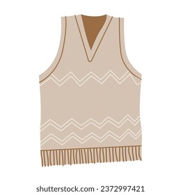 Knitted vest flat vector illustration. Cozy warm clothes isolated on white background. Stylish autumn and winter attire. Pastel woolen outfit. Fashionable knitwear item with pompons.