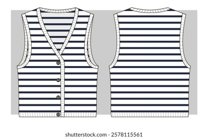 Knitted vest top with marine buttons and stripes. Technical sketch.