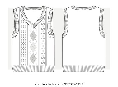 Knitted vest with v-neck and braids. Technical sketch.