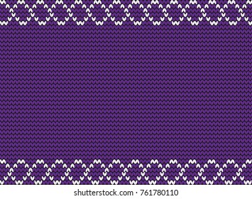Knitted violet background with white weavy frame. Vector illustration, border, template with space for text. 