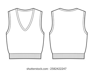 Knitted v-neck vest fashion template sketch.