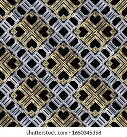Manoplas de punto 3d, vectorial sin fisuras. Fondo moderno ornamental texturado. Fondo de repetición de superficie abstracta. Ornamentos simétricos de oro y plata con formas de gofre, tejido, rhombus.