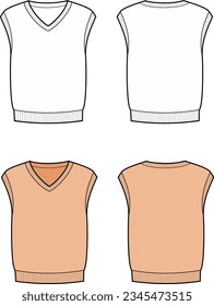 Knitted waistcoat flat sketch. Soft vest apparel design. Front and back. Men CAD mockup. Fashion technical drawing template. Vector illustration.