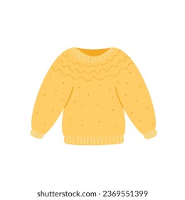 Knitted warm clothes. Knitwear garment. Warm yellow pullover in modern style. Flat vector illustration isolated on a white background