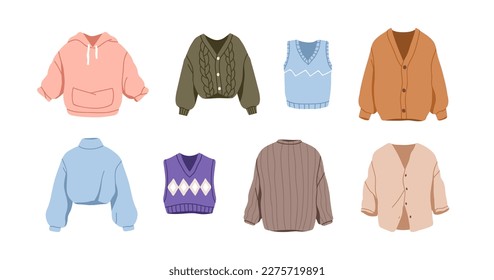 Ropa de abrigo de punto. Las mujeres usan prendas de vestir. Suéter, cardigan de invierno, pullover cálida, sudadera, chaleco, caramelo suave de estilo moderno. Ilustración vectorial plana aislada en fondo blanco