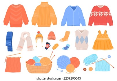 Knitted warm, comfortable, pleasant to the touch clothes. Knitting tools and threads. Vector illustration