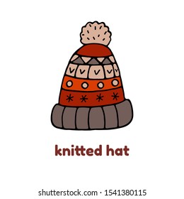 Knitted warm hat with different patterns, hand drawn