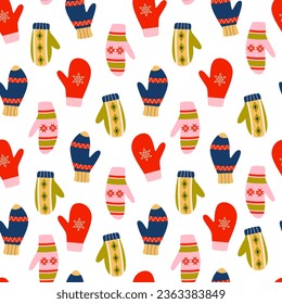 Knitted warm mittens seamless pattern. Winter accessories, gloves. Cozy season. Christmas, New Year celebration. Retro vintage colors.