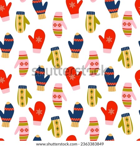 Knitted warm mittens seamless pattern. Winter accessories, gloves. Cozy season. Christmas, New Year celebration. Retro vintage colors.
