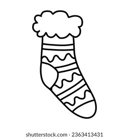 Knitted warm sock with stripes, waves and fluffy fur on top, vector outline for coloring book