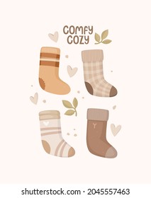 Knitted warm socks, abstract dots, hearts, handwritten lettering. The inscription "comfy cozy". Postcard design, print, sticker. Vector illustration. Home atmosphere, handicrafts, New Year's holidays.