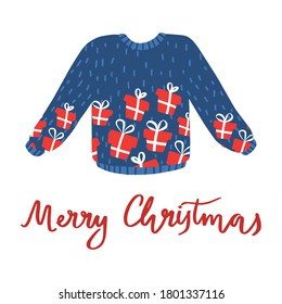 Knitted warm ugly sweater Christmas party. Vector isolated object