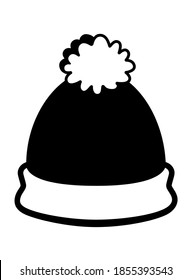 Knitted warm winter hat with lapel and pompom - vector silhouette for icon or logo. Hat - pictogram for identity - black and white.