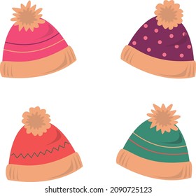 Knitted warm winter hats. Headwear Icon Set. Children clothes accessory for cold weather. Vector illustration.