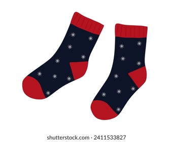 Calcetines calientes de invierno de punto. Calcetines de algodón y de lana acogedores con copos de nieve para la temporada fría de invierno aislados sobre fondo blanco. Ilustración plana y colorida de ropa de invierno de punto suave. Vector
