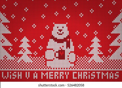 Knitted white bear wish u a merry christmas vector