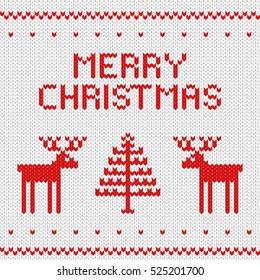 Knitted white Christmas background. Deer and New Year tree. Inscription Merry Christmas! Seamless pattern