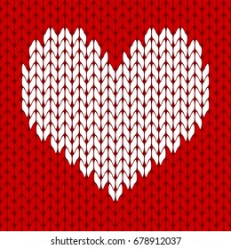 Knitted white heart on the red background pattern isolated vector