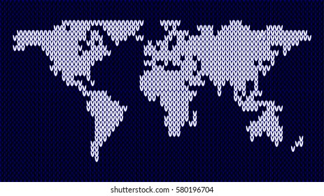 Knitted White Map of the World Isolated on Blue Background. Vector Illustration