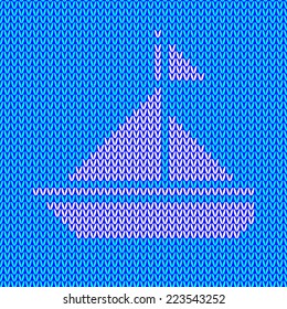 Knitted white yacht with sails and flag on celadon knitted background. Vector illustration