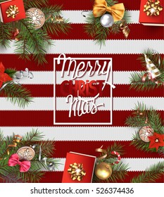 Knitted winter background with frame and christmas decorations. Vector illustration