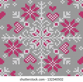Knitted winter background. Nordic style. Fashionable knitted northern seamless pattern. Decorated with hearts.
