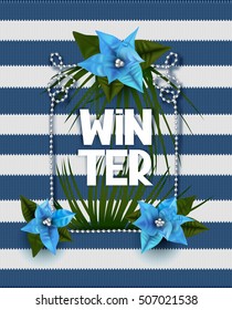 Knitted winter background with rope frame and blue poinsettia flowers. Vector illustration