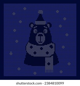 Knitted winter bear character with snow. warm vector illustration. holiday knitted background 