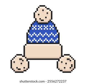 Knitted winter blue hat with a pompoms in pixel style. Vector illustration