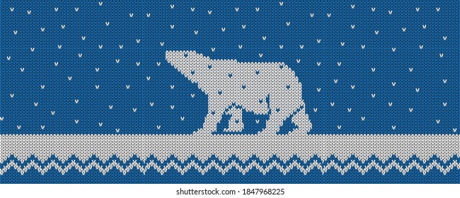 Knitted winter blue vector background with polar bear and snow. Fashionable northern ornament,wallpaper. All elements separate and editable, seamless pattern with polar bear in my portfolio